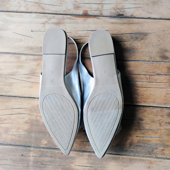 New, BCBGeneration Silver Slingback Pointed ToeFlats with Rhinestone Bow, Size 8 - Picture 2 of 2